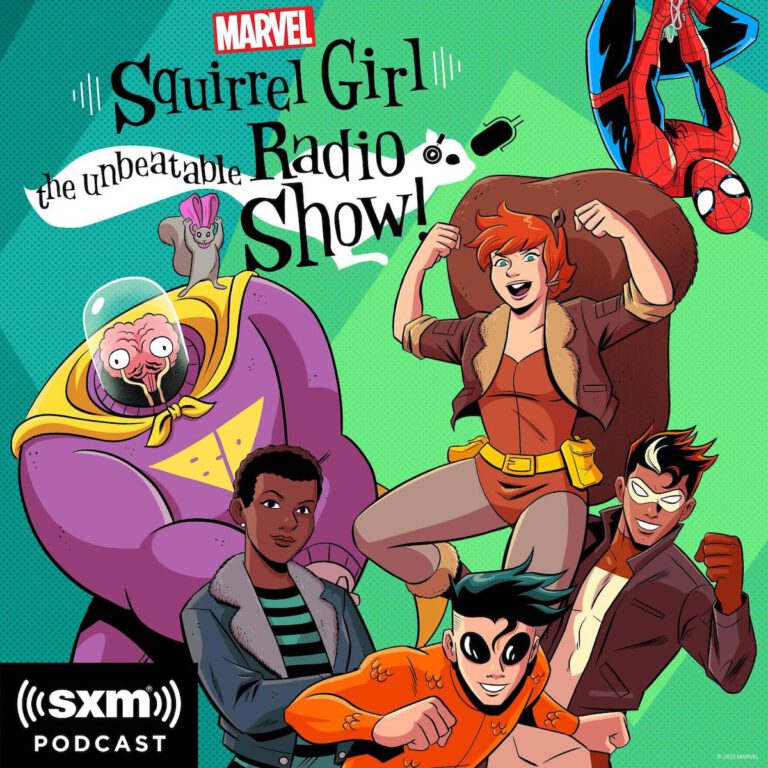 Squirrel Girl: The Unbeatable Radio Show cover featuring Doreen, Spider-Man, Koi Boi, Chipmunk Hunk, Nancy, Brain Drain, and Tippy Toe.