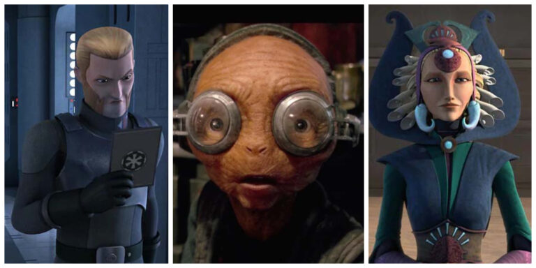 Three panels. The first features Agent Kallus at half-length looking annoyed. In center is Maz Kanata from neck up, wearing her goggles, looking amazed. On right is Duchess Satine, from waist up, looking regal with full royal headdress.