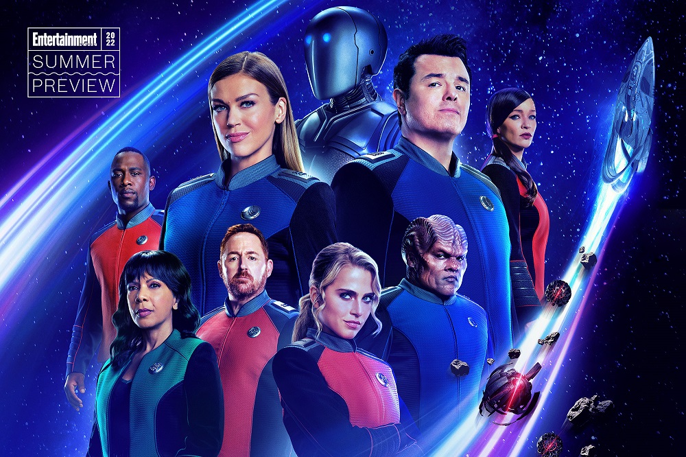 The cast of The Orville: New Horizons with a starry sky as the backdrop courtesy of Entertainment Weekly.