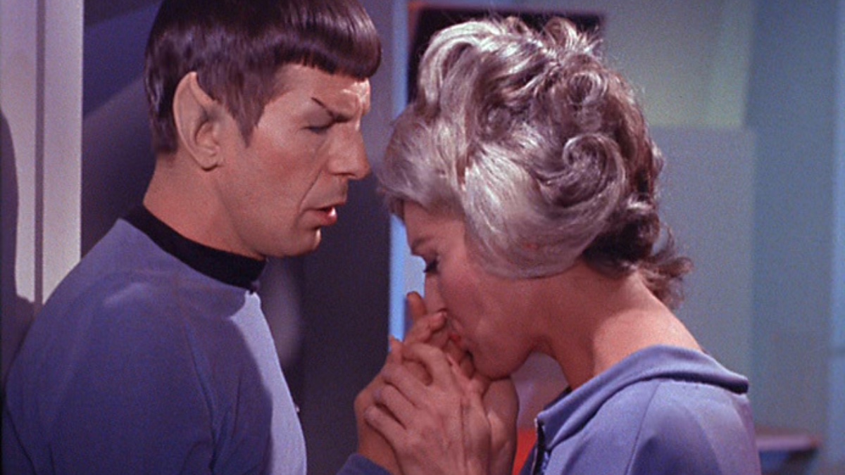 The Naked Time TOS Spock (Leonard Nemoy) and Nurse Chapel (Majel Barrett-Roddenberry) holding hands romantically