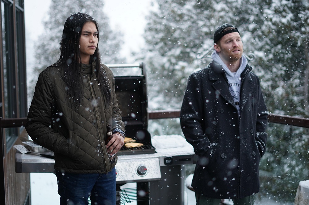 Sanguinet and Shoresy standing on a deck in the snow in Shoresy Season 1 Episode 2 "Veteran Presence."