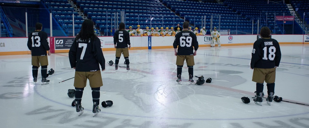 Shoresy with his team on the ice in Shoresy Season 1 Episode 6 "Don't Poke the Bear."