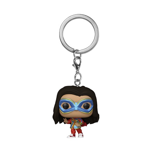 Mini Funko Pop on a keychain of Ms. Marvel posing with her hand on her hip while giving the peace sign.