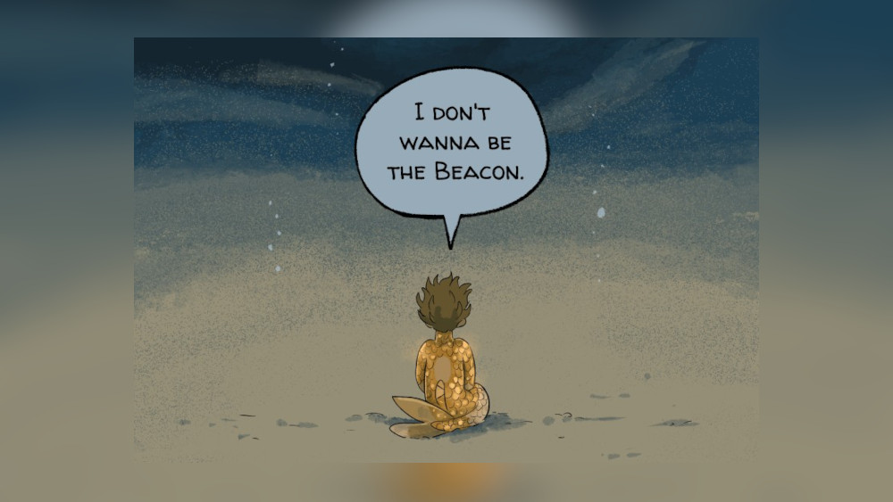 Kappa sitting in the sand telling his creator that he doesn't want to be the Beacon anymore.