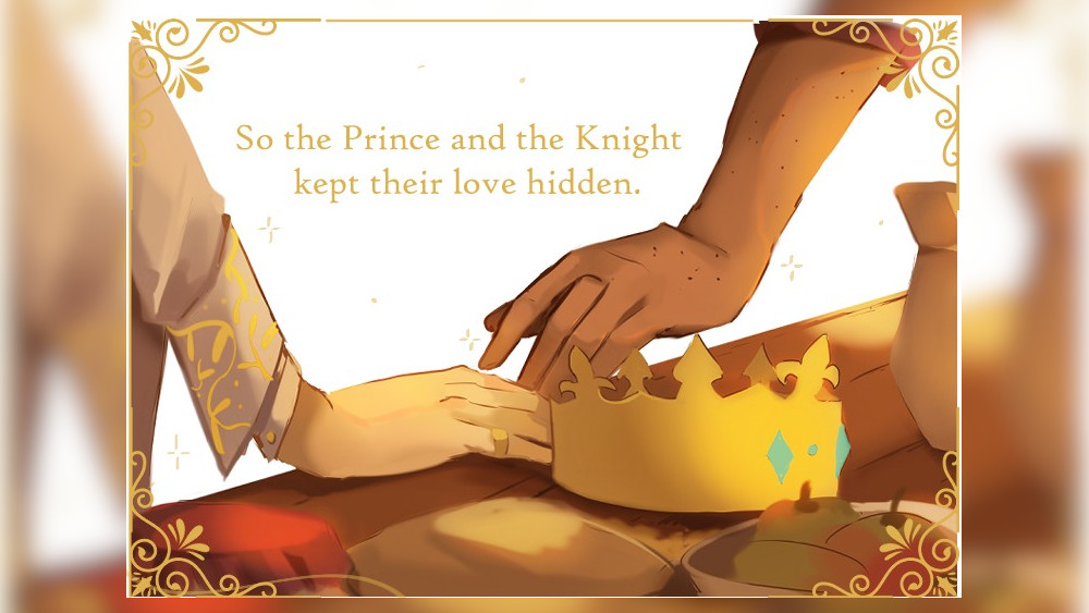 Knight reaching out towards Prince's hand while it rests on a table next to his crown.