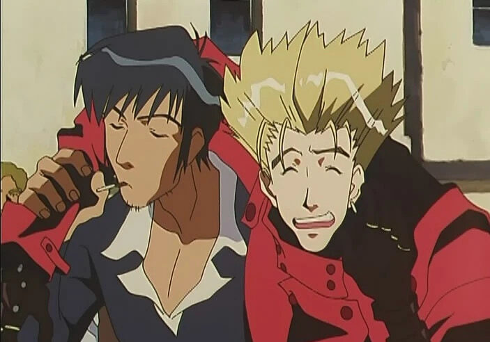 Wolfwood smoking and carrying Vash on his shoulder.