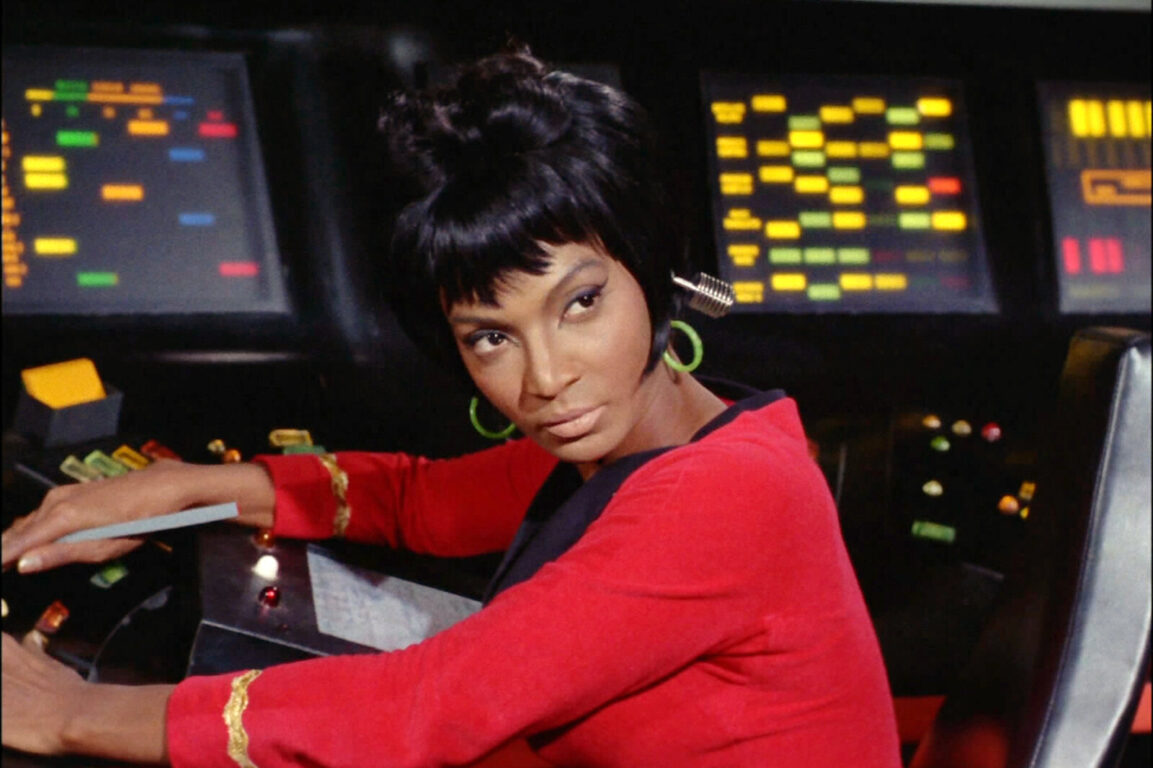 Nichelle Nichols sits on the bridge in her role as Lieutenant Uhura in 1966's Star Trek.