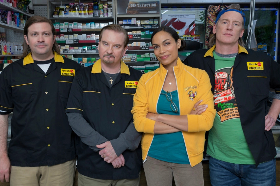 Elias, Dante, Becky and Randal standing in front of the counter in Clerks III.