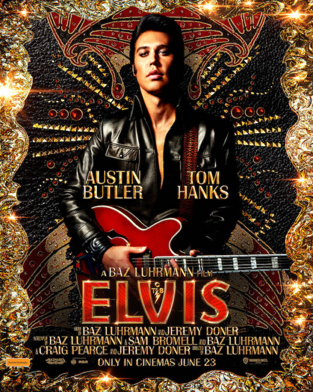 Austin Butler, dressed in black leather and holding a guitar, on Baz Luhrmann's Elvis movie poster