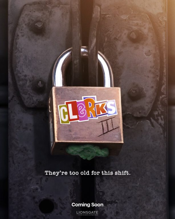 Clerks III poster featuring a lock with the Clerks III logo on it.