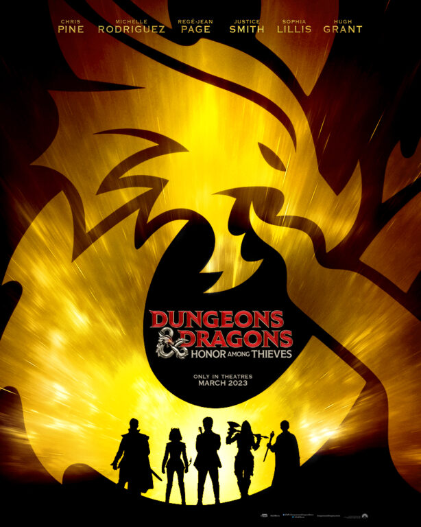 Dungeons and Dragons: Honor Among Thieves poster art featuring the D&D logo and a sillouette of adventurers.