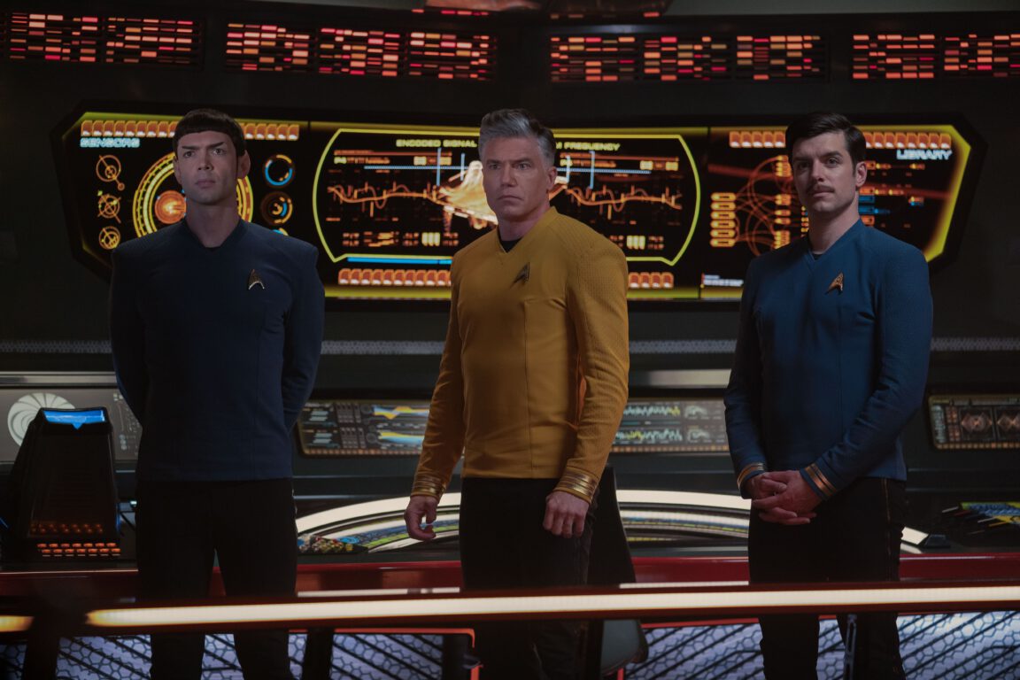 Spock (Ethan Peck), Pike (Anson Mount), and Kirk (Dan Jeannotte) on the bridge of the future Enterprise on Strange New Worlds.