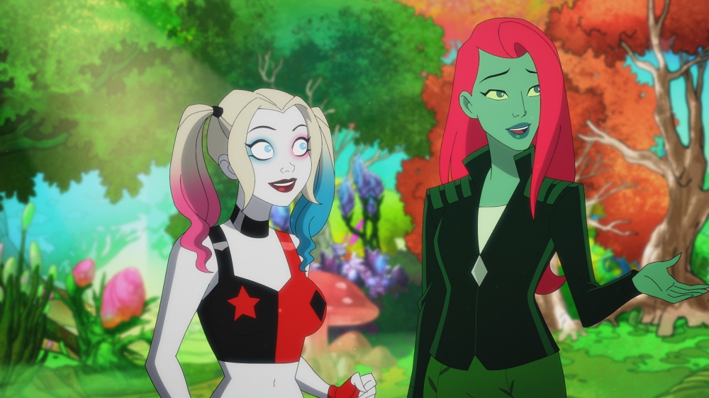 Harley and Ivy standing in "Iden," Ivy's tropical paradise on Harley Quinn Season 3 Episode 5 "It's a Swamp Thing."