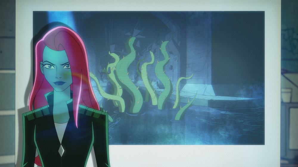 Ivy stands in front of a screen with tentacles on it on Harley Quinn Season 3 Episode 5 "It's a Swamp Thing."