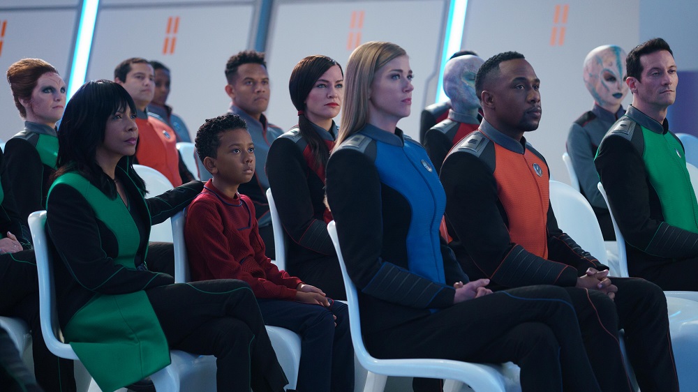 The Orville crew attends Ensign Charly Burke's funeral on The Orville: New Horizons Season 3 Episode 9 "Domino."