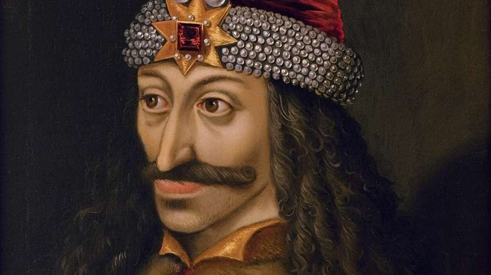 A painting of Vlad Tepes, wearing a red headpiece and sporting a mustache.