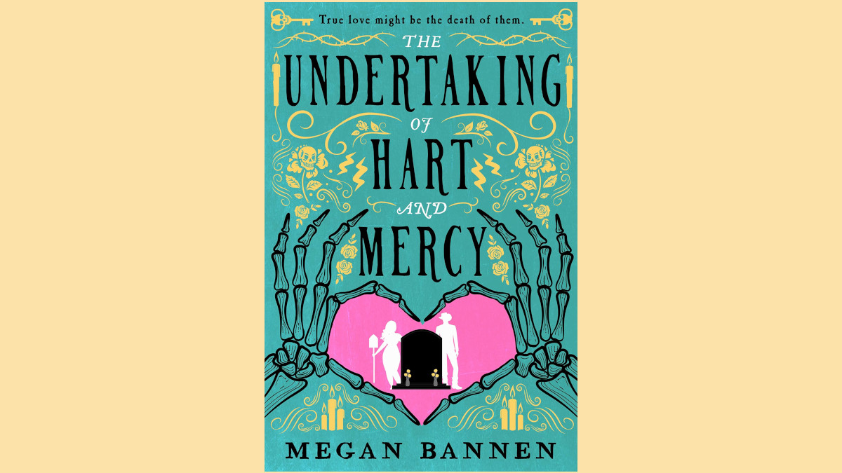 The cover art for Megan Bannen's The Undertaking of Hart and Mercy featuring skeleton hands making a heart shape around a man and woman standing next to a headstone.
