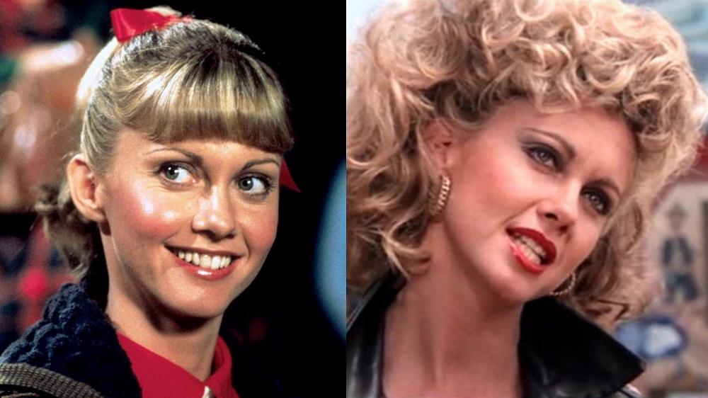 A collage of Olivia Newton-John in Grease, featuring "innocent" Sandy on the left and "leather" Sandy on the right.