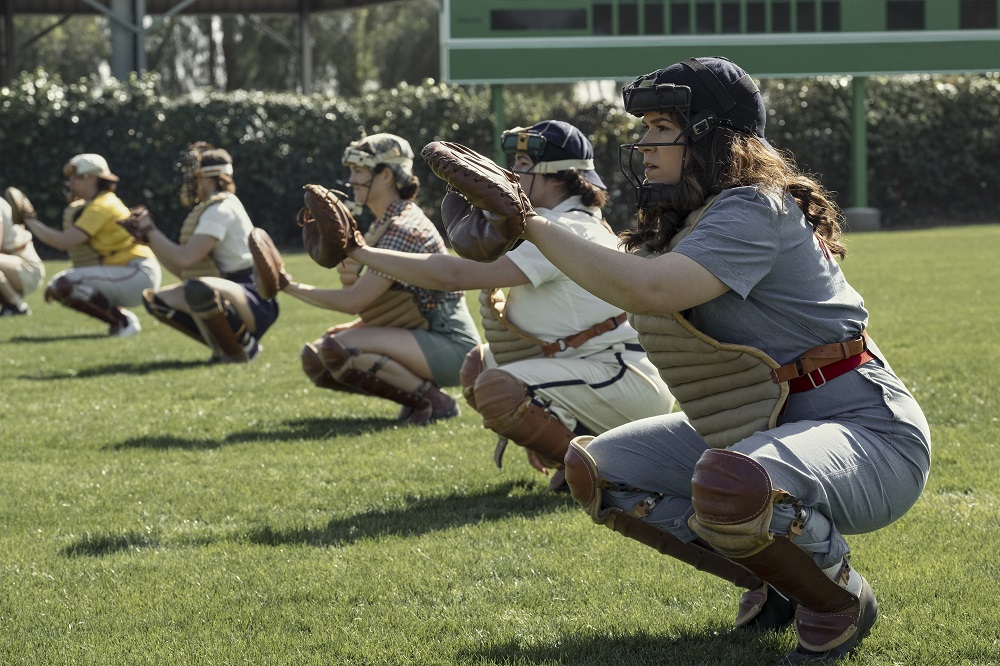 Carson and the Peaches practice on the field in A League of Their Own Season 1 Episode 3 "The Cut Off."