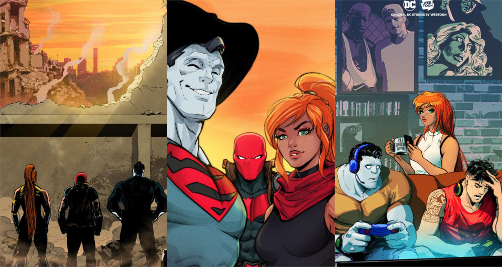 Three screenshots of the upcomng Red Hood: Outlaws WEBTOON series featuring Red Hood, Artemis and Bizarro.