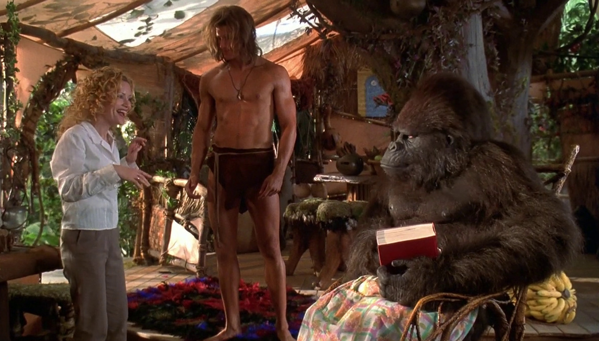 Leslie Mann talks to John Cleese as "Ape" in George of the Jungle.