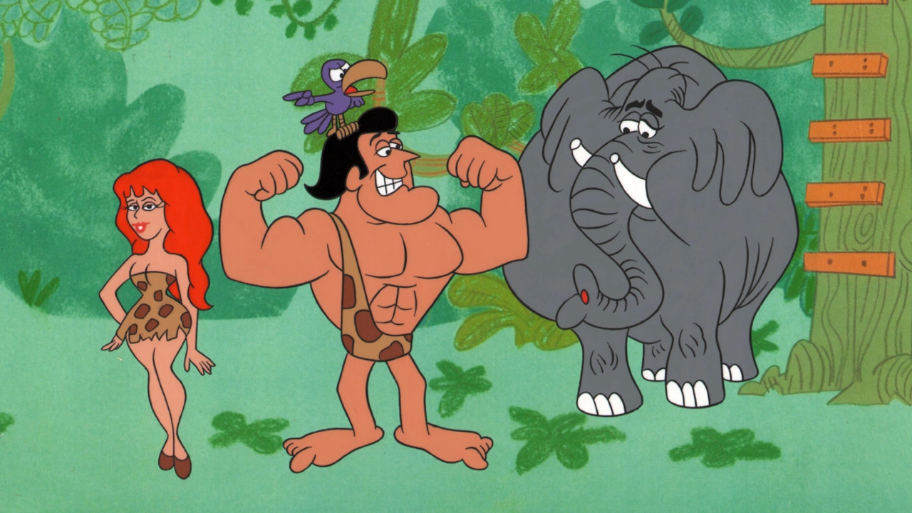 Shep the Elephant watches George of the Jungle attempt to flex his muscles for Ursla in the cartoon.