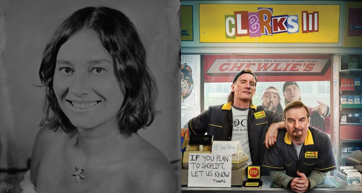 Headshot of Allison Pearce next to the Clerks 3 poster with Randal and Dante standing behind the counter and Silent Bob and Jay outside behind them.