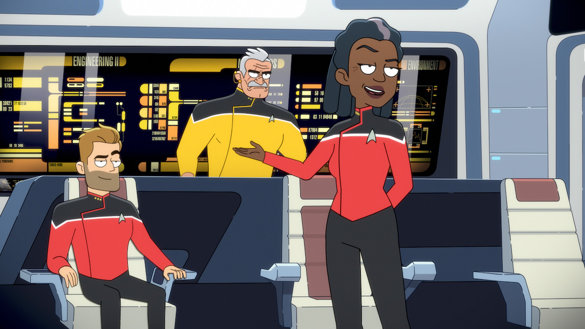 Jerry O'Connell as Commander Ransom, Fred Tatasciore as Lieutenant Shaxs, and Dawnn Lewis as Captain Carol Freeman on the bridge of the Cerritos in Star Trek: Lower Decks, "Hear All, Trust Nothing."