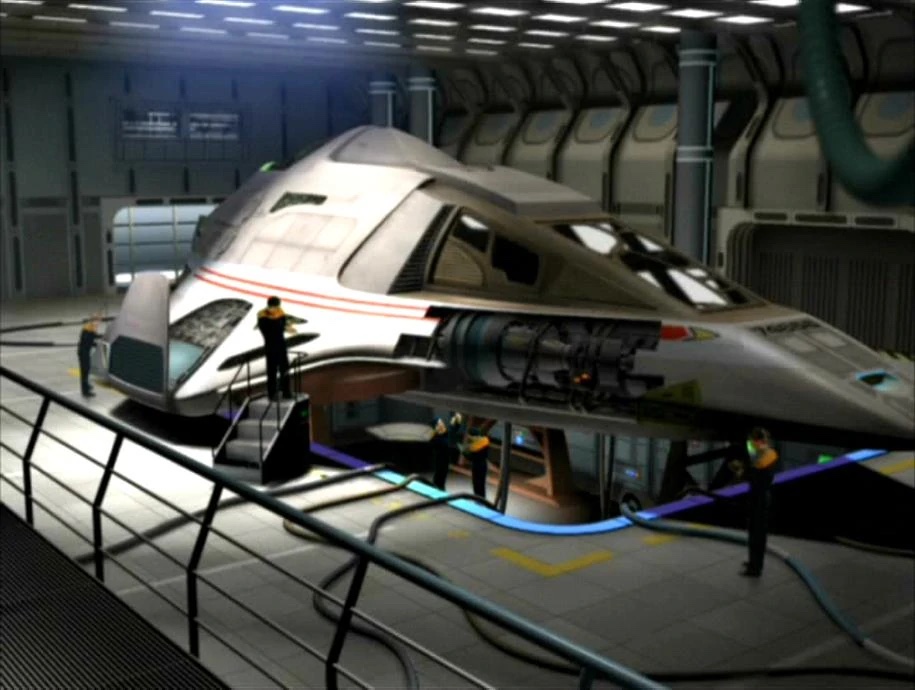 The Delta Flyer in its hanger on Star Trek: Voyager.