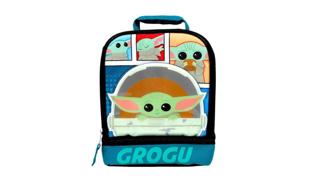 A lunch box featuring pictures of Grogu.