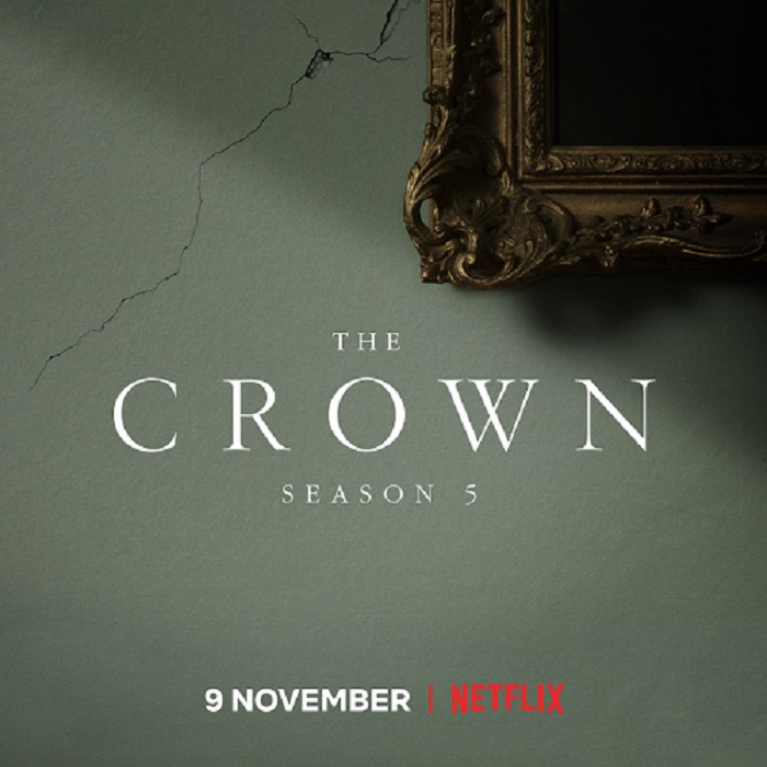 Official key art for Season 5 of The Crown, featuring a teal green wall with a crack through it and the edge of a gilded mirror.