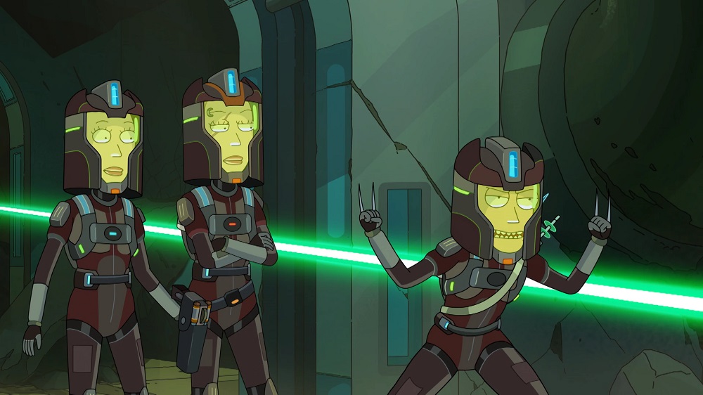 Beth, Space Beth and Summer brandish weaponry while fighting smugglers in the Citadel on Rick and Morty Season 6 Episode 1, "Solaricks."