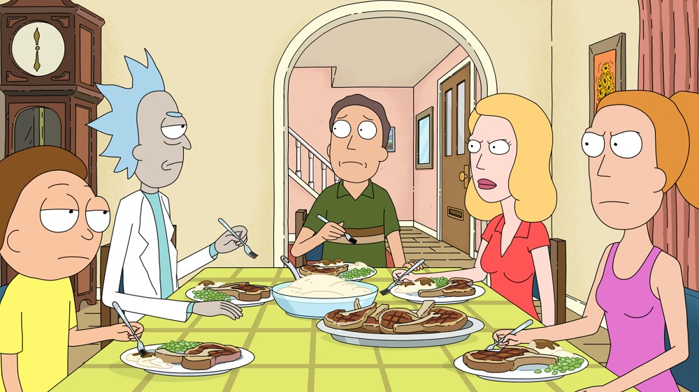 Rick, Morty, Jerry, Beth and Summer sit around the dinner table while arguing on Rick and Morty Season 6 Episode 1, "Solaricks."