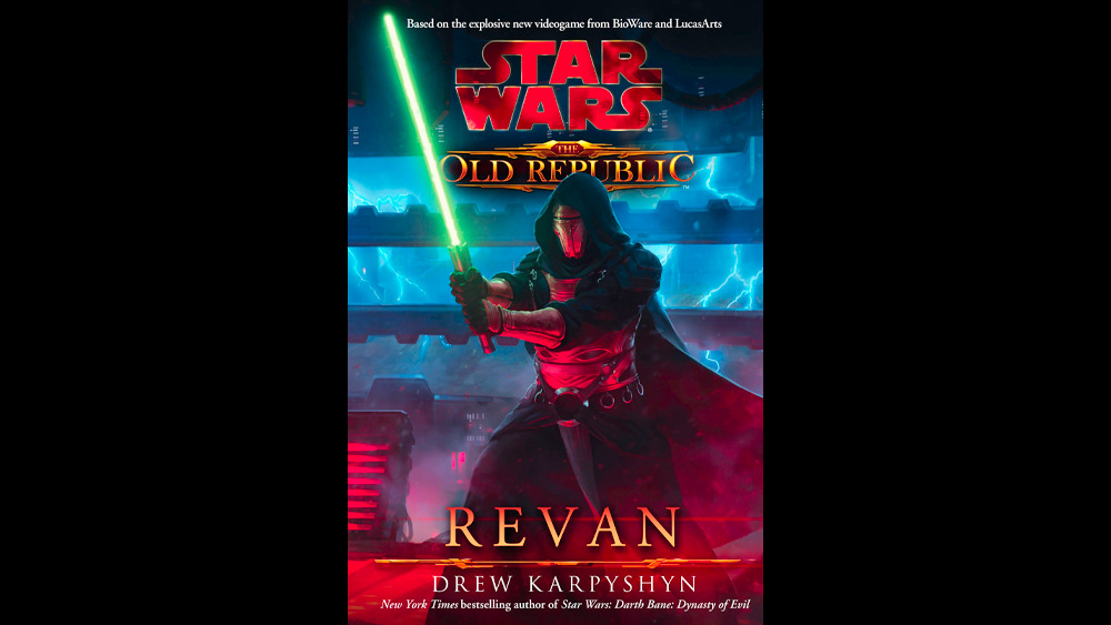 Cover of Drew Karpyshyn novel, Revan. Cover shows the titular character, green lightsaber raised, helmet and cloak on, against a blue-lit background