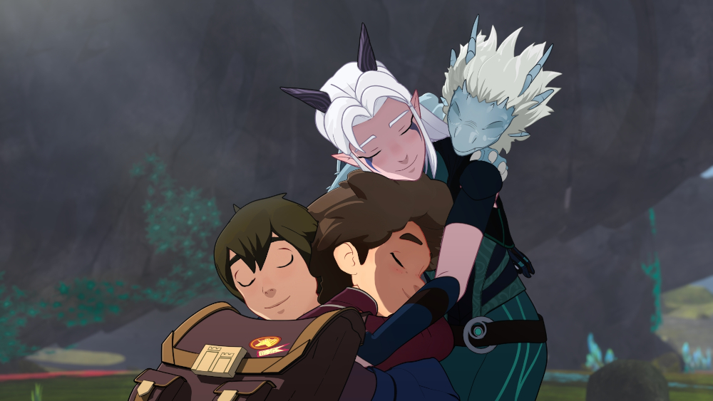 Callum, Ezran, and Rayla loking over at the creatures in The Dragon Prince.