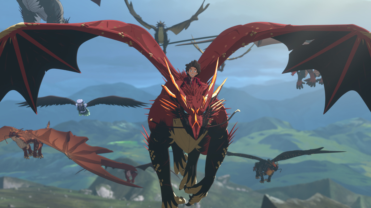 Ezran riding on the back of a dragon through the sky.