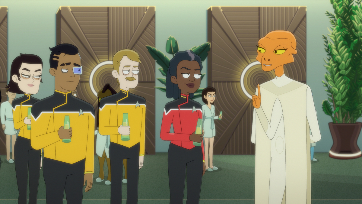 Eugene Cordero as Ensign Rutherford , Paul Scheer as Lt. Commander Andy Billups, Dawnn Lewis as Captain Carol Freeman, and Mary Holland as Toz. The tired Cerritos engineers arrive aboard the Dove and are greeted by its Edosian caretaker, Toz.