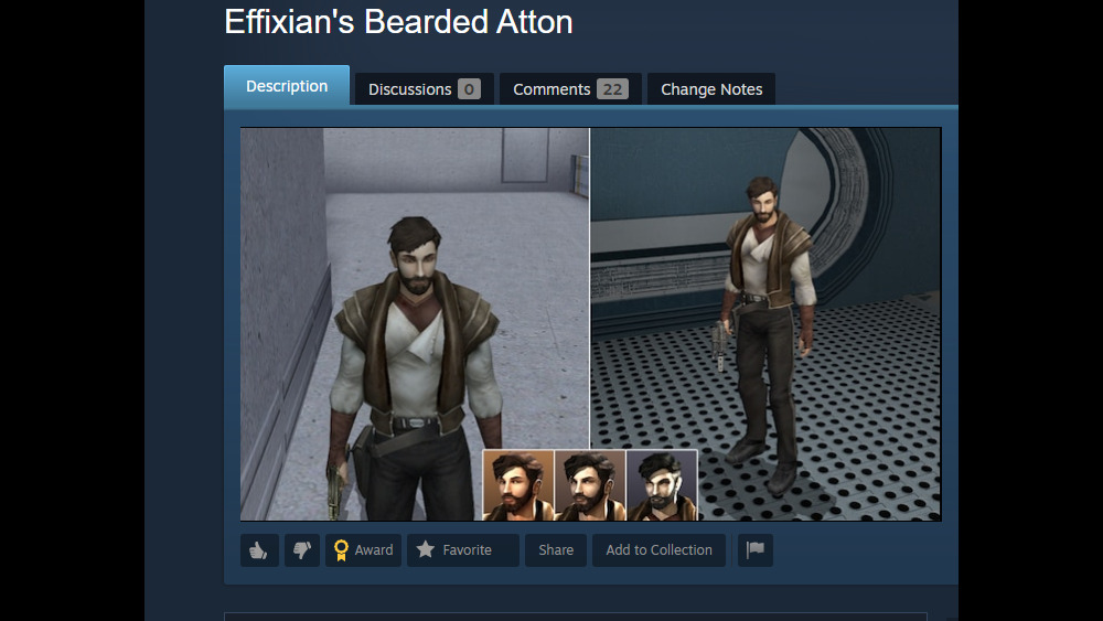 screenshot of Effixian's Bearded Atton mod for KOTOR 2, showing the character of Atton Rand with a dark beard