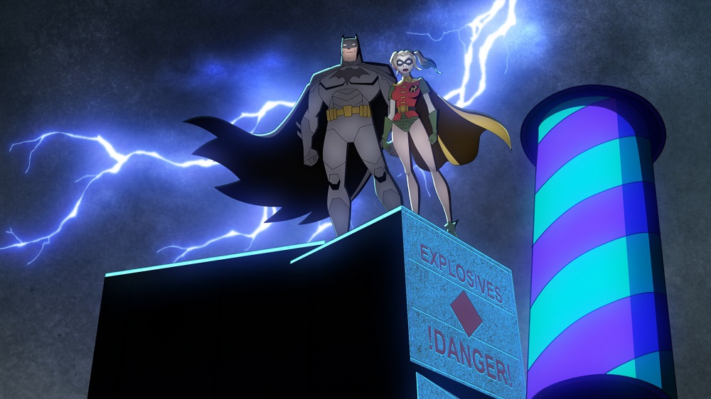 Batman and Harley dressed as Robin stand on top of a building at night while lightning flashes behind them on Harley Quinn Season 3 Episode 8, "Batman Begins Forever."