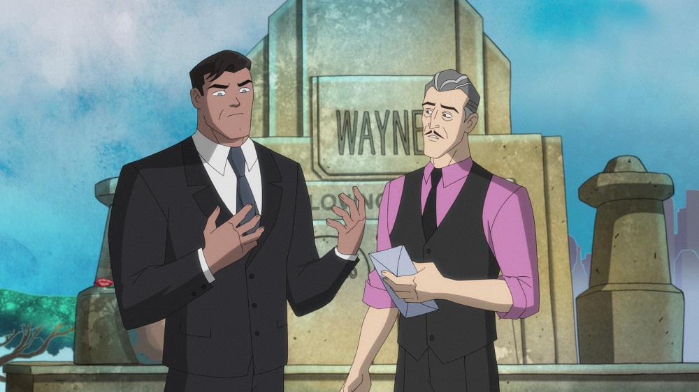 Bruce Wayne chats with Alfred in front of the Wayne gravesite on Harley Quinn Season 3 Episode 10, "The Horse and the Sparrow."