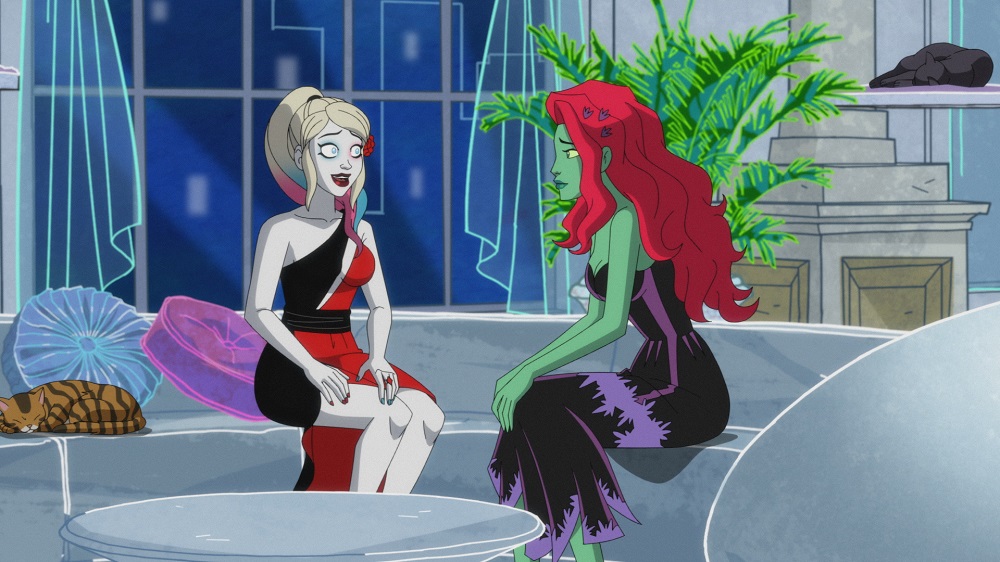 Harley and Ivy sit on a couch while wearing formal gowns on Harley Quinn Season 3 Episode 10, "The Horse and the Sparrow."