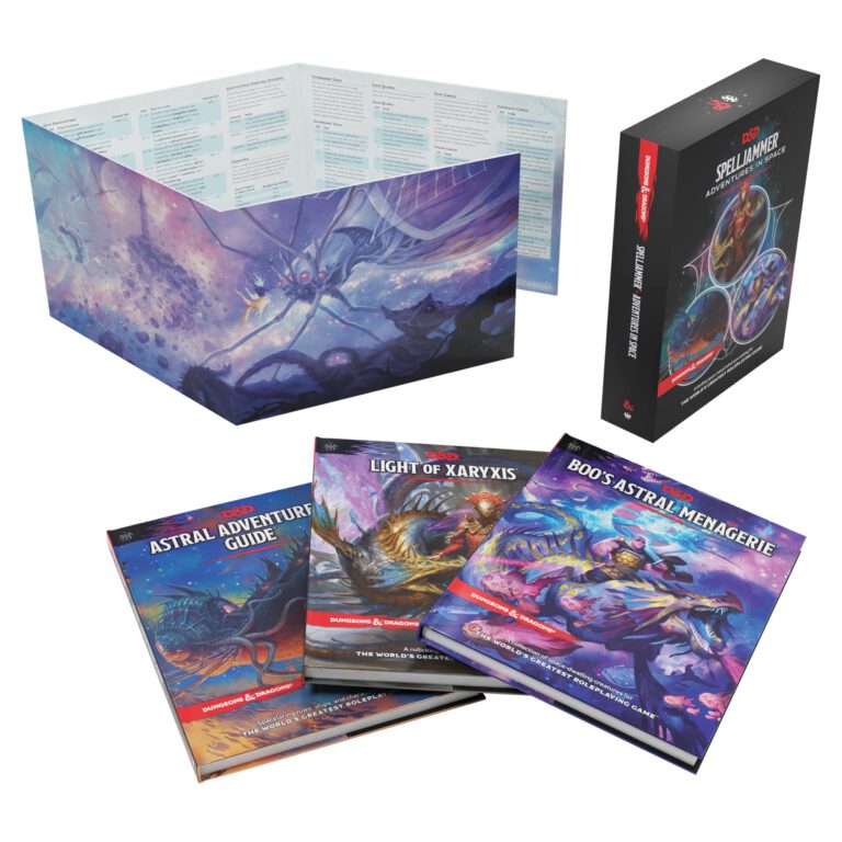 The three books with Spelljammer: Adventures in Space along with the box art and dm screen.