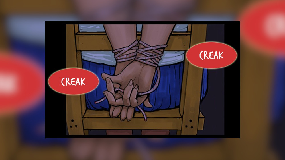 A girl with her hands tied behind her back to a chair.