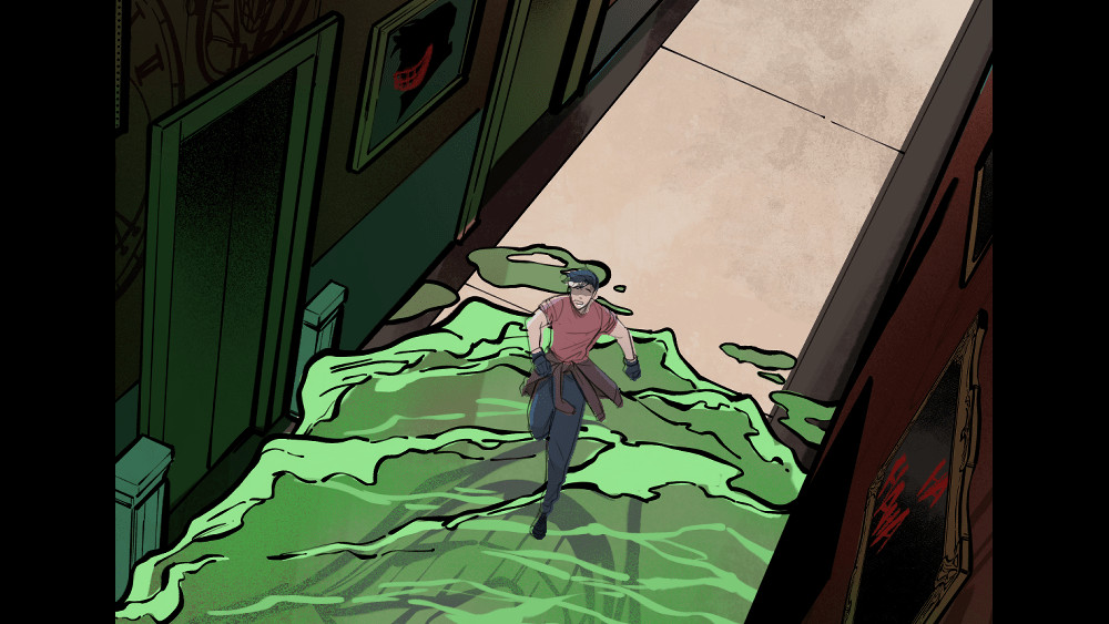 Jason Todd struggling with PTSD as he sees images of the Joker while rushing through the halls of Wayne Manor.