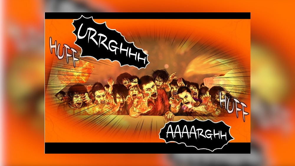 Zombies trying to reach a falling body.