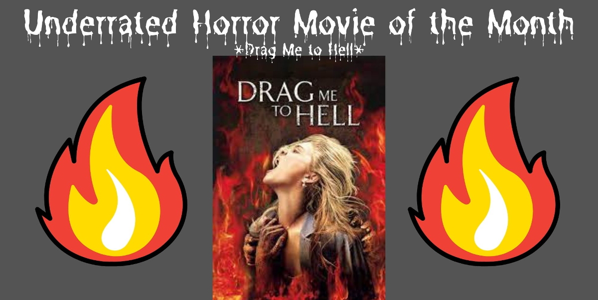 Drag Me to Hell movie poster featuring a woman with blonde hair surrounded by flames.