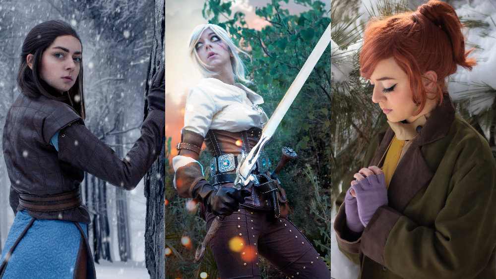 Ginny Di cosplaying as Arya Stark, Ciri and Anastasia.