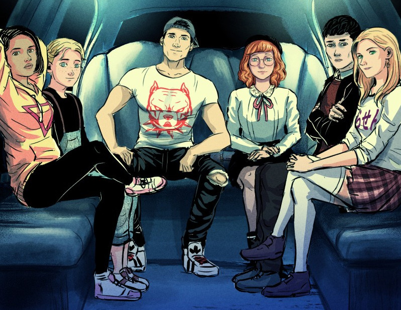 Six friends sitting in the back of a limo listening to rules about the amusement park.