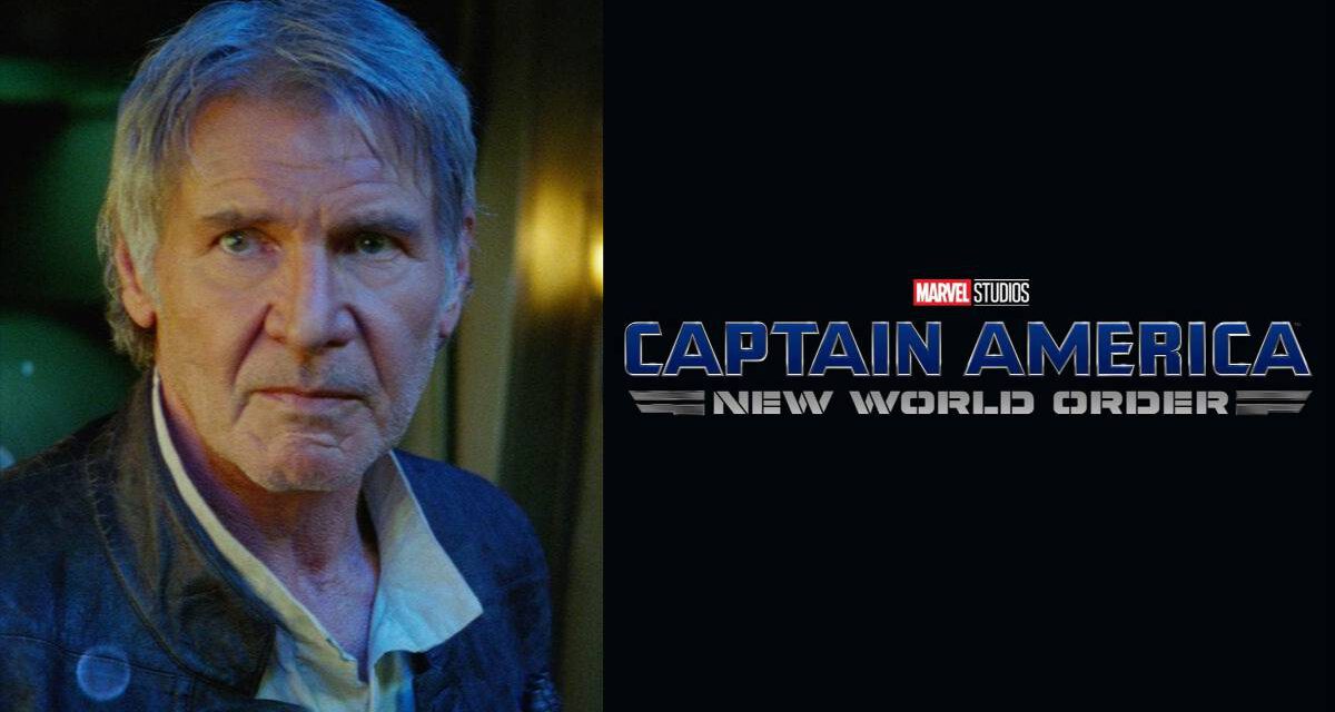 Harrison Ford in Star Wars next to the Captain America: New World Order logo.