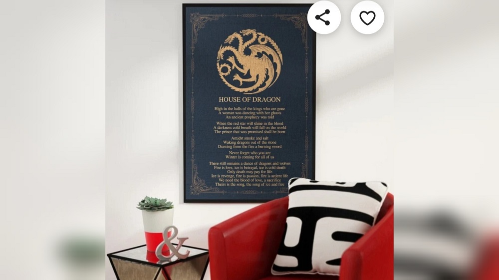 House of the Dragon poster featuring a gold three-headed dragon on a black background with lyrics from Valar Morghulis Rock Opera. 